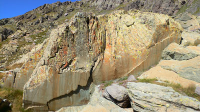 Roche colorée par les lichens et le fer 